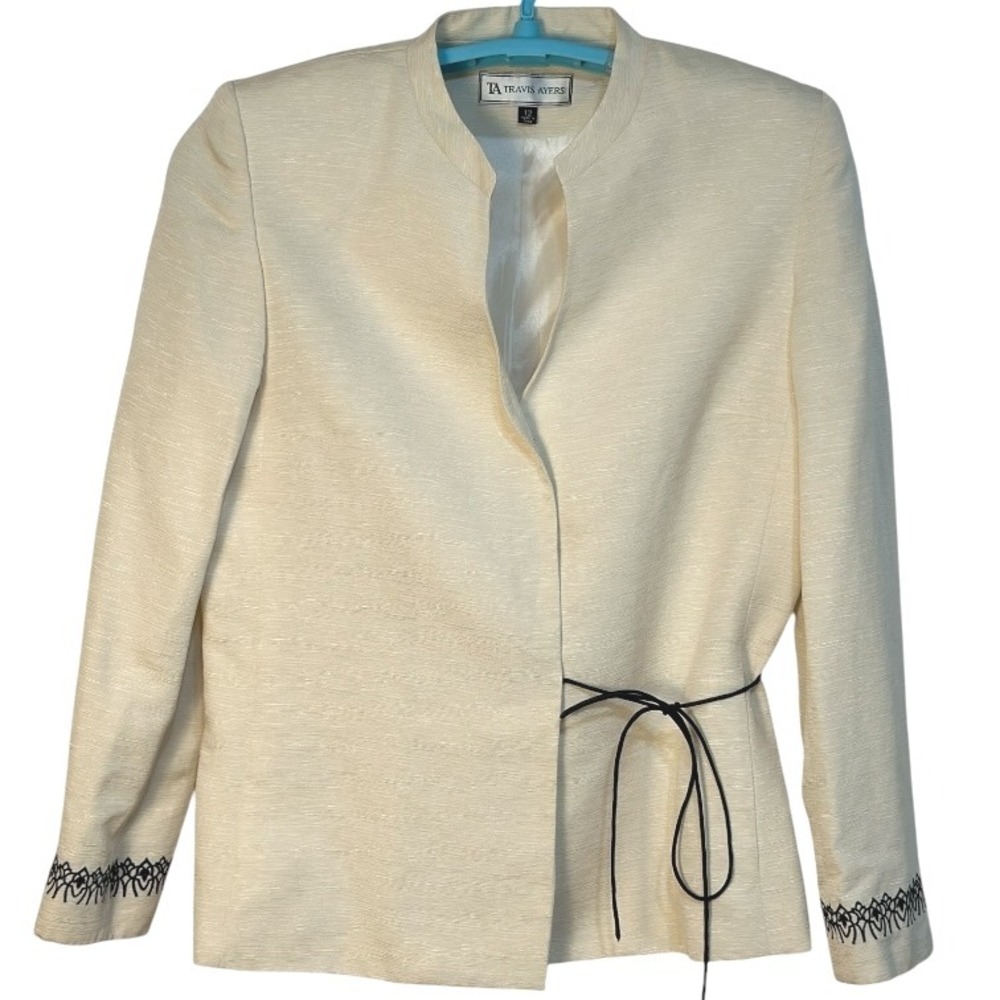 Travis Ayers Blazer Cream Silk Linen Embroidered Collarless Lined Jacket Size 12